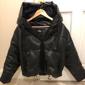 Zara faux leather black winter coat puffer jacket